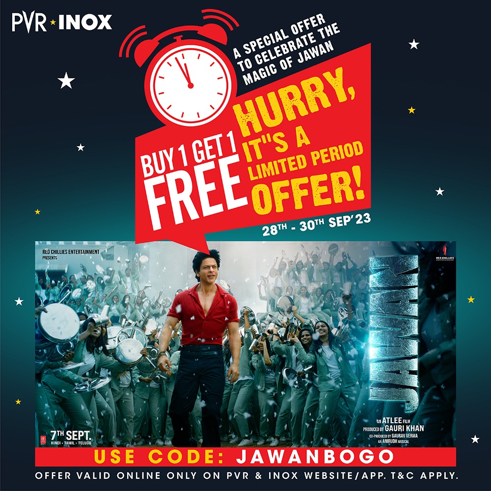 SRKUniverse's tweet photo. Celebrate Jawan by purchasing  1 ticket and receive another ticket absolutely FREE from September 28th to September 30th, 2023. Hurry up and book your tickets now! 🔥@_PVRCinemas @INOXMovies
@IndiaCinepolis @bookmyshow @PaytmTickets

@iamsrk @RedChilliesEnt @Atlee_dir
#Jawan #SRK #ShahRukhKhan