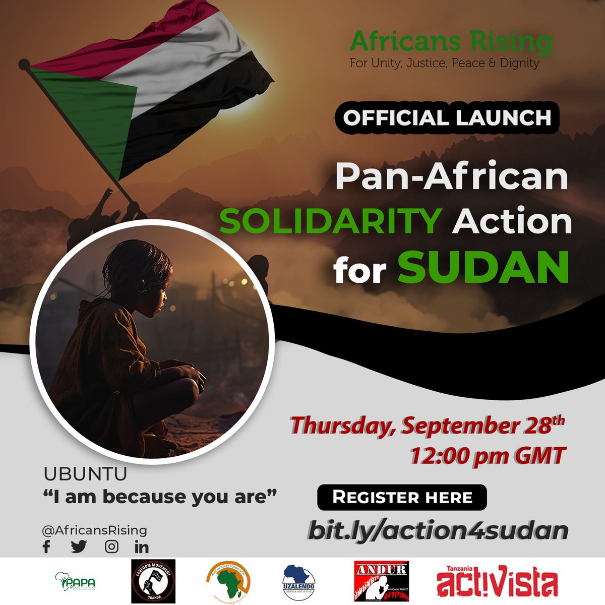 The D-day is finally here! As Pan-Africans, we convene today to officially launch the Pan-African Solidarity Action for Sudan.

Register here bit.ly/action4sudan to join.

Time: 1200GMT

#IamSudanRevolution #AfricansRising 
#LetOurPeopleMove
#BorderlessAfrica