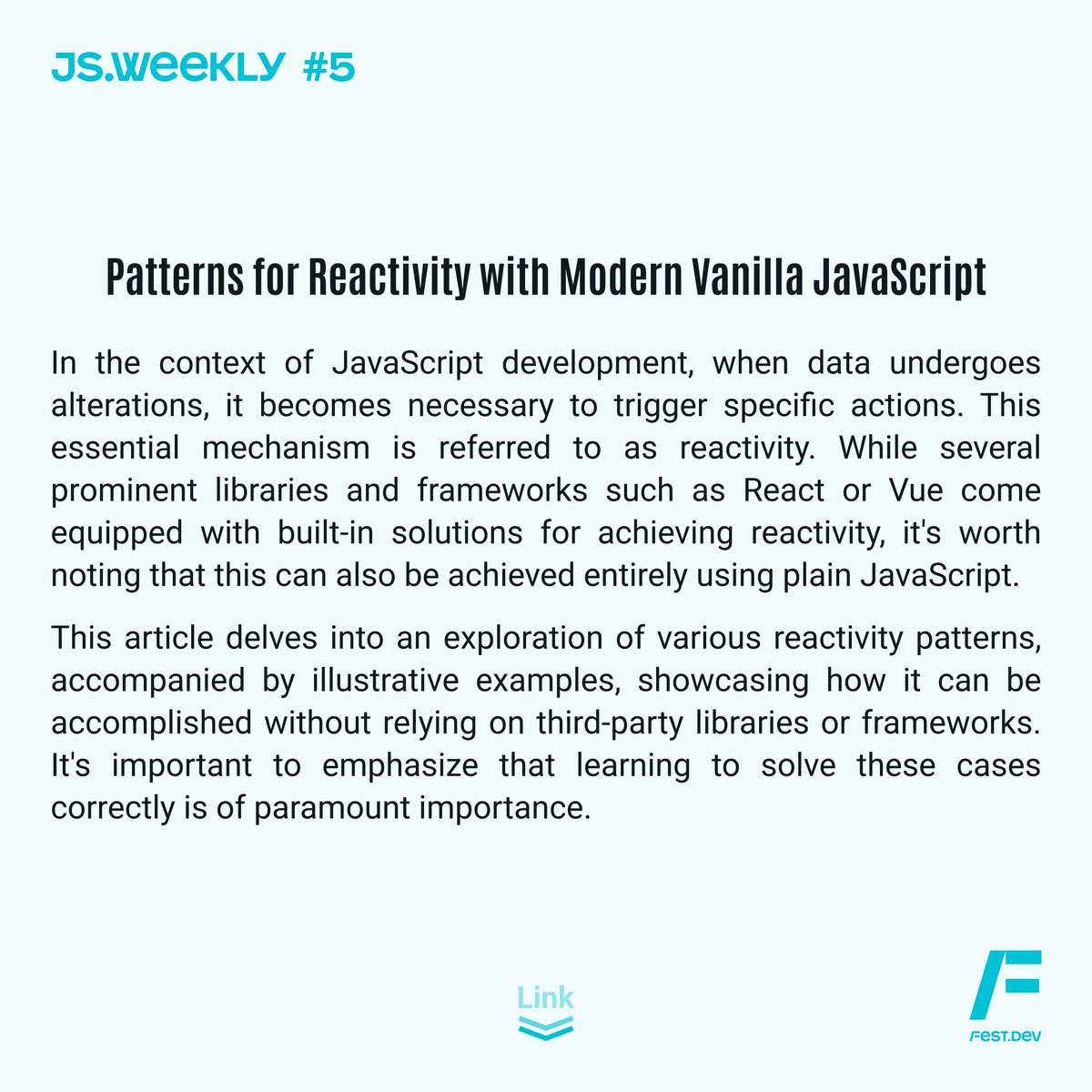 devfestconf's tweet image. JS Weekly#5

Patterns for Reactivity with Modern Vanilla JavaScript
frontendmasters.com/blog/vanilla-j…

#JavaScriptPatterns #ReactivityPatterns #VanillaJavaScript #FrontendDevelopment #WebDevelopment #JavaScriptTips #CodingPatterns #WebDev #JSReactivity #TechEducation