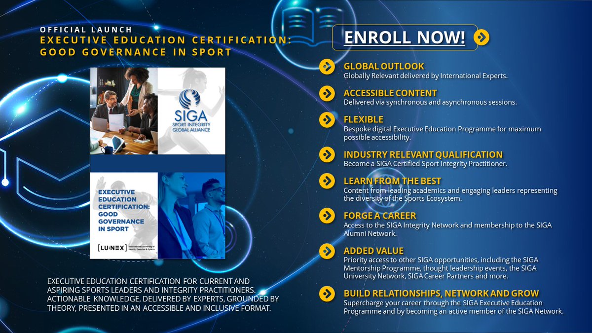 🎓Get ready to be immersed in a dynamic fusion of academic expertise and practical insights from industry leaders.

Check out all info on the <a href="/SIGAlliance/">SIGA</a> &amp; @LUNEXUniversity Executive Education Certificate “Good Governance in Sport”.

Applications open
🎓rb.gy/nb2av