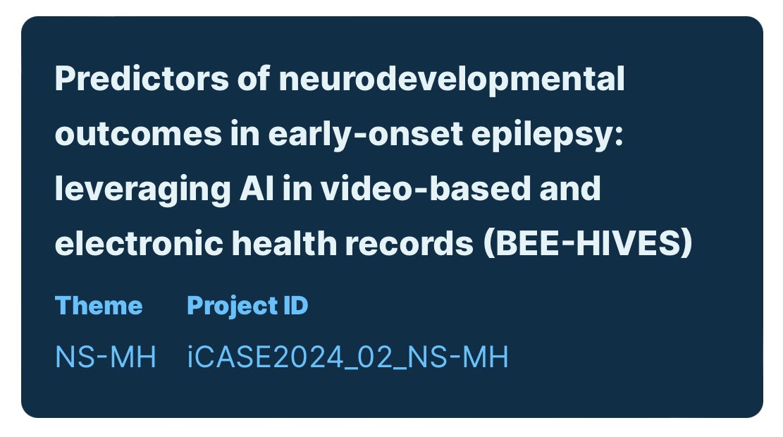 Charlotte Tye (@charlottertye) on Twitter photo 📣 Very excited to share a fully-funded 4 year <a href="/KCL_MRCDTP/">KCL MRC DTP</a> iCASE studentship, with incredible team <a href="/MAbsoud/">Michael Absoud</a> <a href="/nickcummins41/">Nick Cummins</a> @sameermzuberi + <a href="/vCreateNeuro/">vCreate Neuro</a> nested in <a href="/BEEStudy_/">BEE_Study</a> 🧠
Details in 🧵 📣 Very excited to share a fully-funded 4 year <a href="/KCL_MRCDTP/">KCL MRC DTP</a> iCASE studentship, with incredible team <a href="/MAbsoud/">Michael Absoud</a> <a href="/nickcummins41/">Nick Cummins</a> @sameermzuberi + <a href="/vCreateNeuro/">vCreate Neuro</a> nested in <a href="/BEEStudy_/">BEE_Study</a> 🧠
Details in 🧵