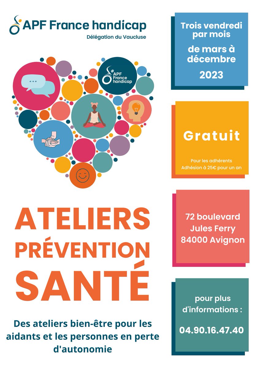 📢🌈 Ateliers Prévention Santé 💕Après une pause cet été, les ateliers reprennent ! 🎉 Pour en savoir plus : dd84.blogs.apf.asso.fr/archive/2023/0…🌐Des ateliers de prévention de la santé physique et mentale pour les aidant.e.s et les personnes en situation de handicap/en perte d’autonomie👥🦽
