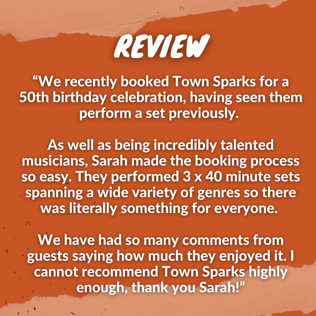 We were thrilled to perform at Anthony's birthday party recently - and even more thrilled when he sent us this lovely review!

If you'd like to add something special to your celebration with some #LiveMusic, get in touch with us! Email us at TownSparksBand@gmail.com 😍