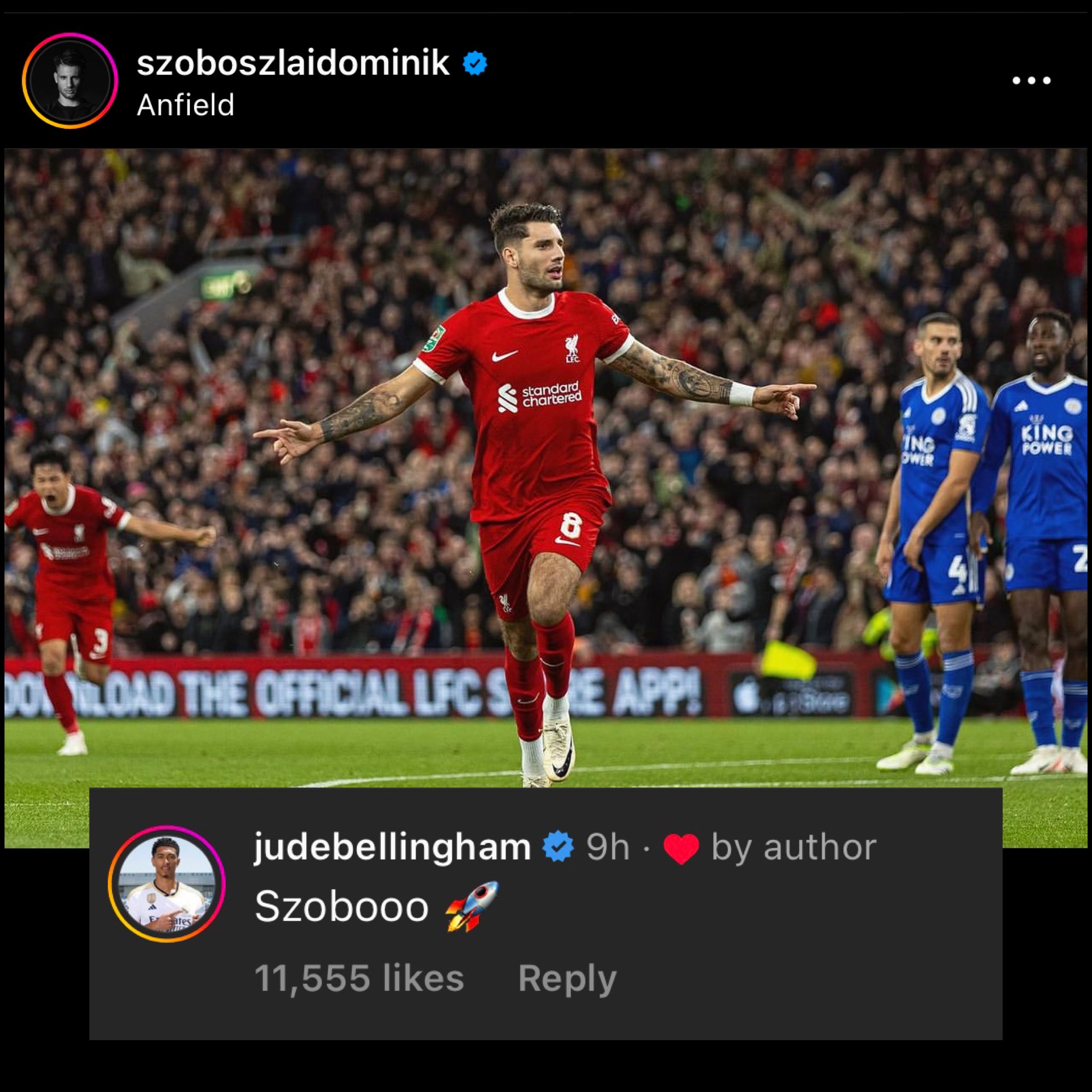 Jude Bellingham admires Liverpool star Dominik Szoboszlai's wonder goal. (Credit: Instagram)