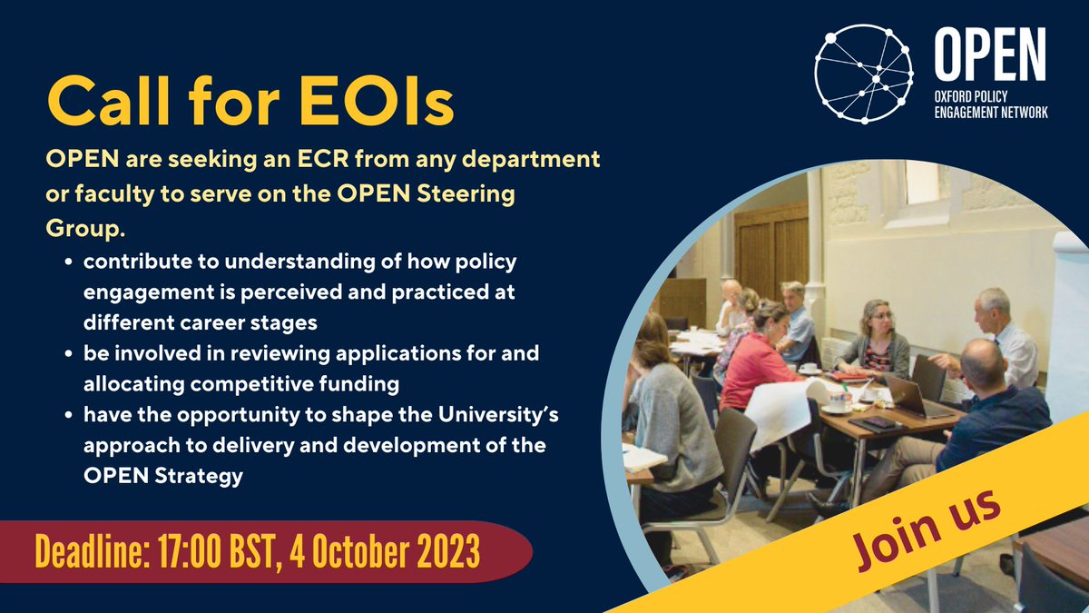 oxpolicyengaged's tweet photo. 📢Join the @oxpolicyengaged Steering Group!

🔍ECR or mid-career researchers from any department or faculty at @UniofOxford 
⏳2 yr appointment
🗓️4 Oct 23
Apply by email to researchandpublicpolicy@admin.ox.ac.uk with reference to👇 (up to 3) 
https://t.co/ufnIMVPpeX https://t.co/Cv1znwRccp