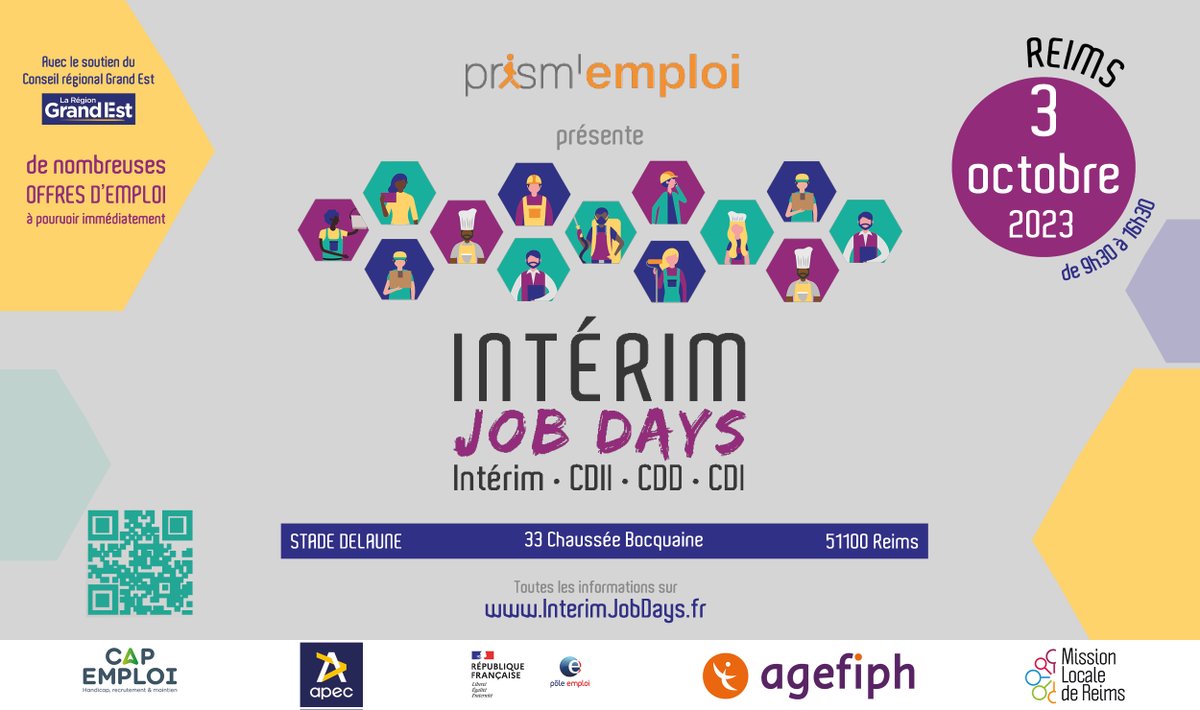 Prism_GE's tweet photo. Rdv mardi 3 octobre au Stade Delaune Reims pour la 2è édition des Intérim Job Days!! c'est le 3è évènement emploi en 2023 en Grand Est. 12 agences d'emploi proposeront 300 postes (intérim+CDD-CDI) à pourvoir immédiatement! Avec le soutien @regiongrandest 
https://t.co/7l7R13U5ZY https://t.co/K0XixvOu7g