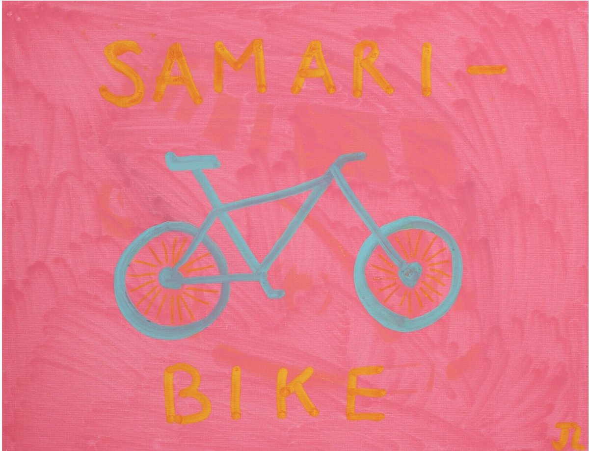 3 days until our fundraising auction closes...<a href="/joelycett/">Joe Lycett</a> has contributed what is definitely the most pink piece, and the only #samarivan featuring a bike, we love it 😆💚

You can still bid on it here:
ebay.co.uk/itm/3550474101…