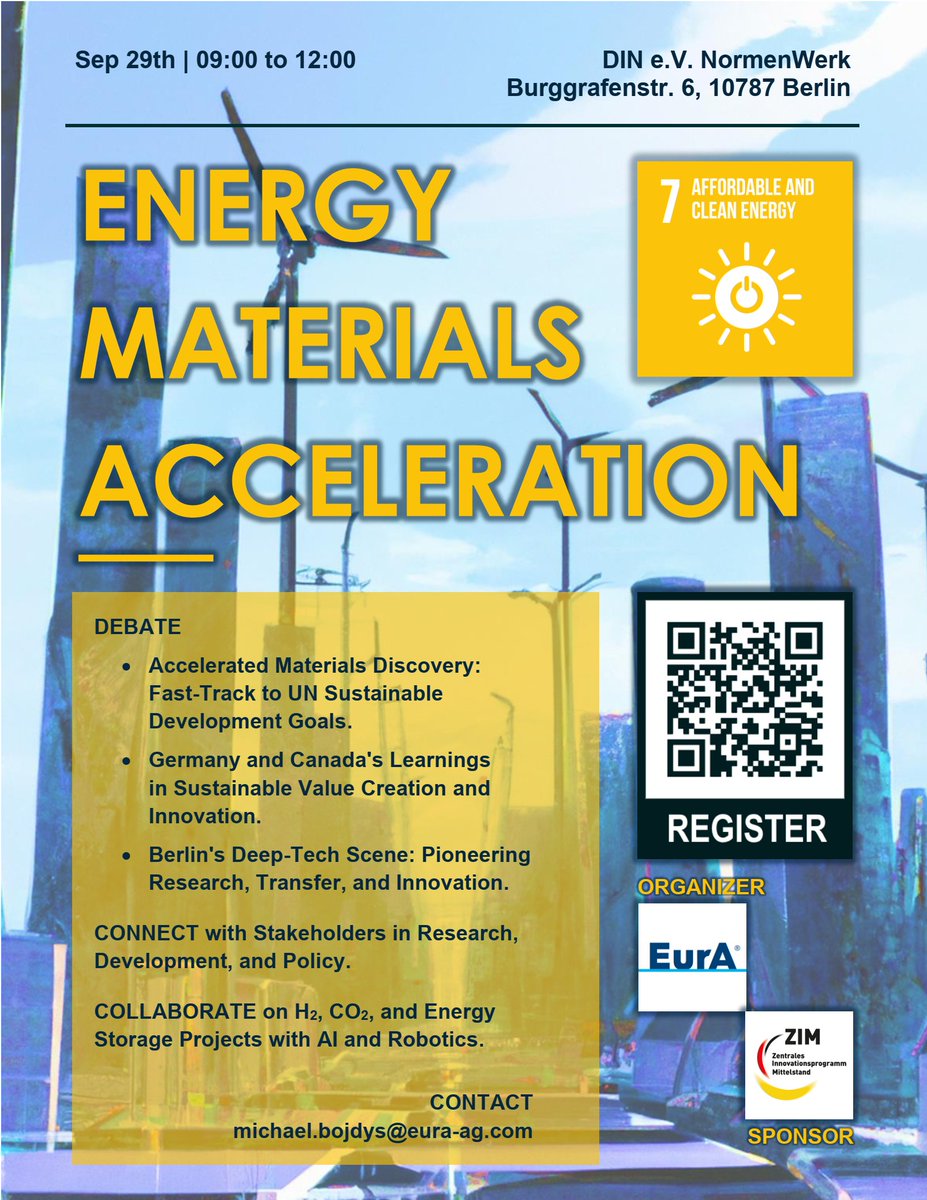 “𝗘𝗻𝗲𝗿𝗴𝘆 𝗠𝗮𝘁𝗲𝗿𝗶𝗮𝗹𝘀 𝗔𝗰𝗰𝗲𝗹𝗲𝗿𝗮𝘁𝗶𝗼𝗻” meeting organized by <a href="/eura_ag/">EurA</a> 
📆 Fri, 29th of Sep from 09:00 to 12:00
👉 Take your last chance and register by Thursday, September 28th, 17:30 via lnkd.in/eMfSqBWK 
#AI #robotics #energy #Germany #Canada