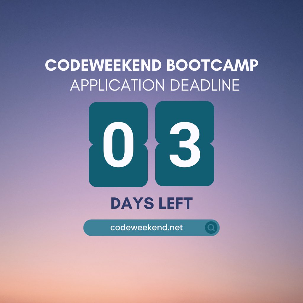 CodeWeekend's tweet image. Only three days left until the application link closes! Now is the time to take action and apply for this exciting journey with us. Codeweekend offers hands-on experience, expert guidance, and a supportive community to help you become a proficient web developer in no time.