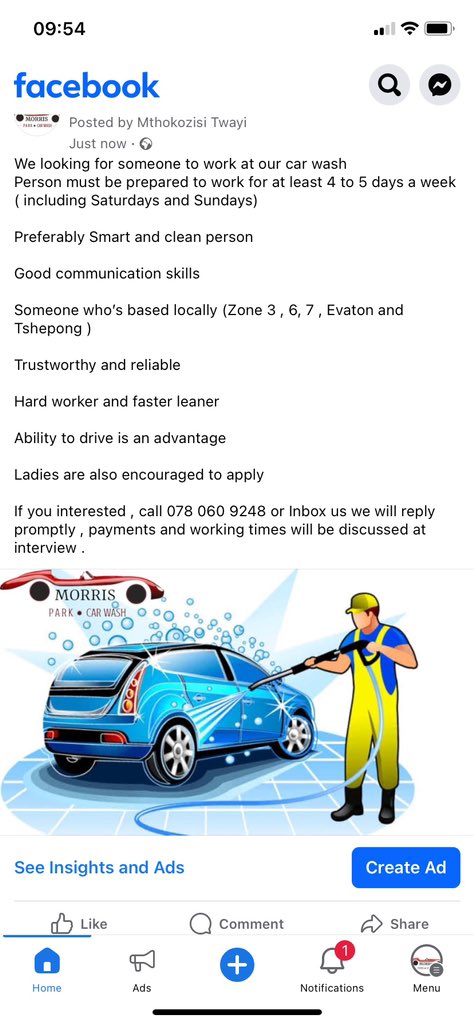 MorrisPark Carwash is looking for Guy or ladies to join our team … some from around zone 6/3/7 or Evaton 
If you know someone you may DM me 🙏🏾🙏🏾🙏🏾