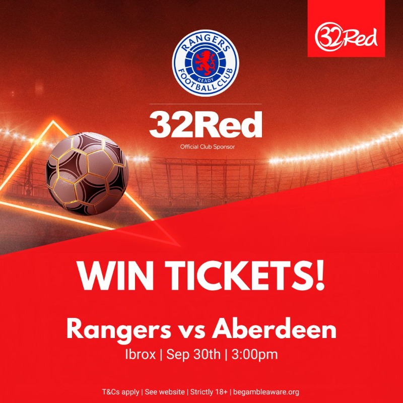 32Red's tweet photo. 📢 RANGERS FANS!!

We're giving away a pair of tickets to see Rangers vs Aberdeen on Saturday 🎟️

For a chance to win, simply follow, RT and comment #32Red - winner picked at random 

Entry closes at 3pm on Friday - Good luck! 

#RangersFC | T&amp;Cs apply