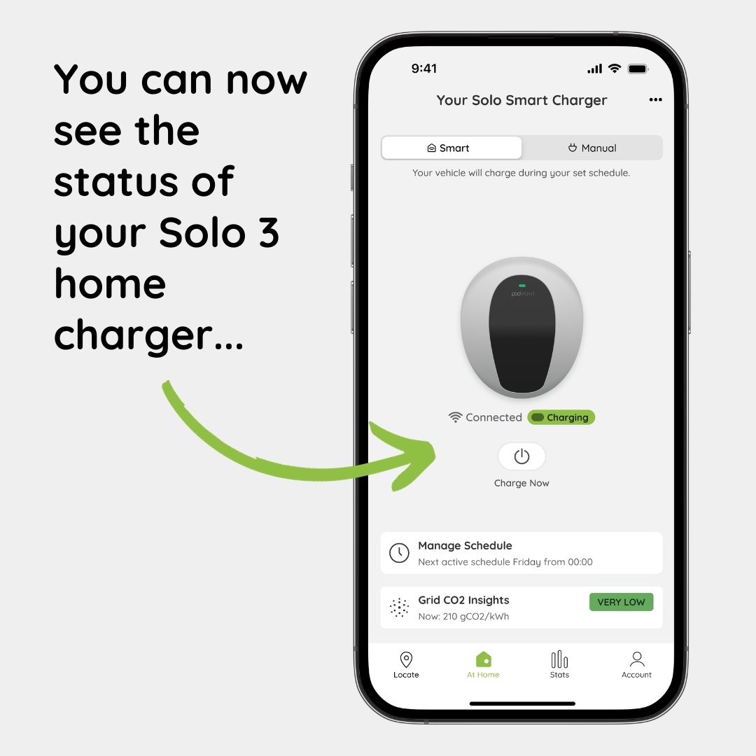powered_by_pod's tweet photo. In our commitment to make #EV charging even easier and improve user experience, you can now see the status of your Solo 3 home charger in the #PodPointApp.
So you know when your home charger is connected to Wi-Fi, its signal strength and charging status all in the ‘At Home’ tab. https://t.co/nQ4uJsrl0a