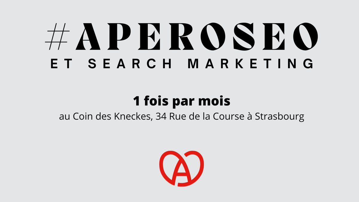 #AperoSEO et Search Marketing d'octobre à #Strasbourg, c’est bientôt !

📆 le prochain : lundi 02 octobre à 19h30
🍸 Au Coin des Kneckes, 34 Rue de la Course à coté de la Gare

🥇Inscrit.e fait ranker TOP 1 framadate.org/TxcX3RPW5rYcTw…
🍸RT fais ranker Position 0
❤️Like, donne des