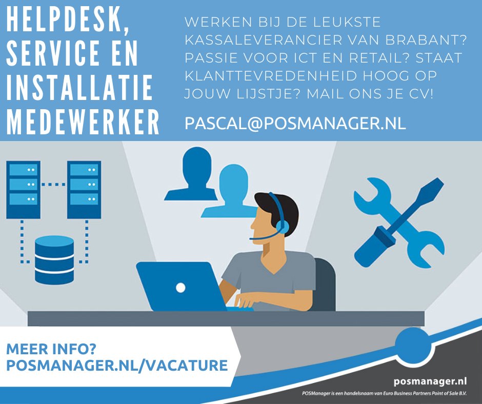 POSManager's tweet photo. Wij zoeken een nieuwe collega! Ben jij de helpdesk, service en installatie medewerker die wij zoeken? Kom dan werken bij ons kantoor in Waalwijk (of gewoon vanaf thuis). 

Meer informatie: 
https://t.co/3KahB01BGf

#vacature #helpdesk #servicemedewerker #installatieengeneer https://t.co/KVfBTKFTn9