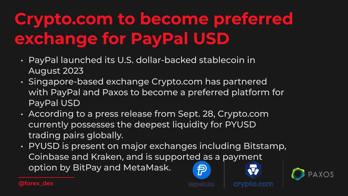 Crypto com to become preferred exchange for Paypal USD!
forexdex.me 

#forexdex #forex #trading #yuan #usdc #tether #Bitcoin #forextrading #stablecoin #eurostable #dollar #CBDC #blockchain #usdt #PYUSD #paypal #Cryptocom #paxos #Bitstamp #coinbase #kraken