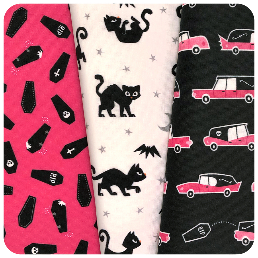 Coffins, cats, & hearses, oh my! #Halloween is PAWS-itively my favorite time of the year!🐈‍⬛🐾💀#HipHalloween fabrics available on #spoonflower #happyhalloween #halloweenfabric #hearse #glamourghoul #gothgirl #psychobilly #spookysewing #ilovetosew #pinkandblack #calebgraystudio