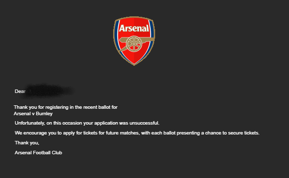notaerosmith's tweet photo. As a Silver member, I've gone from being able to get tickets to most matches in recent seasons to not getting a single one out of 10 applications under the ballot system.

Surely there's a fairer way of managing this, @Arsenal?

#arsenal #afctickets #ticketexchange #ballot https://t.co/seesw7Z28j