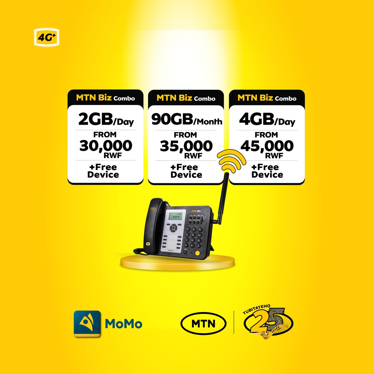 MTNRwanda's tweet photo. We are ecstatic to bring you the MTN Biz Combo as a solution for SMEs to purchase 4G bundles, connect their workspaces to Wi-Fi, dial in, &amp; receive calls from customers as well as accept payments via MoMoPay

Call 3111 or email sales.rw@mtn.com.

#BusinessDoneBetter #SMEGoDigital https://t.co/NgFXfmq1OV