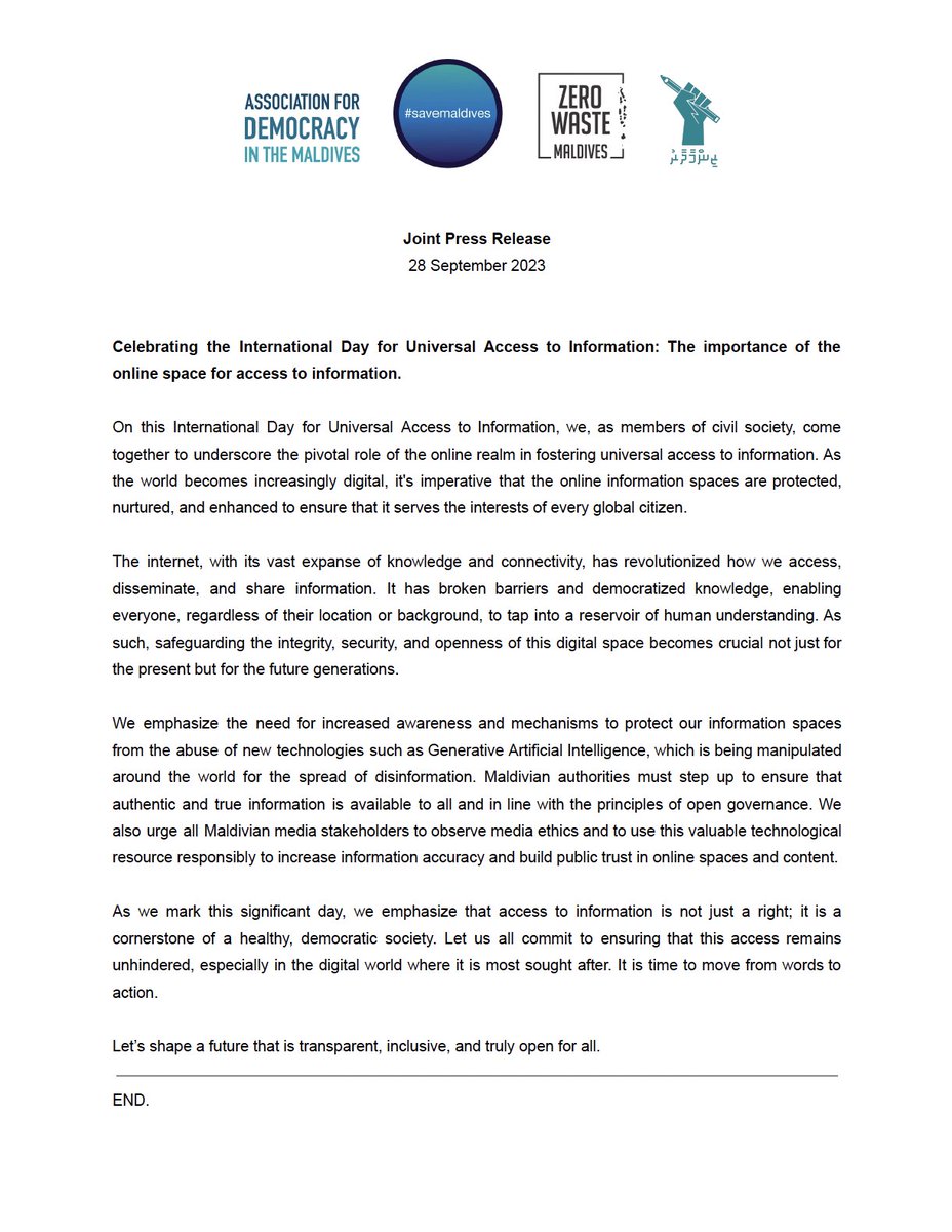 Joint Press Release: Celebrating the International Day for Universal Access to Information – The importance of the online space for access to information.
Read/download: democracymaldives.org/?p=278
<a href="/SaveMaldivesMV/">#SaveMaldives Campaign</a> <a href="/ZeroWasteMv/">Zero Waste Maldives</a> <a href="/zinmaadhaaru/">Project Zinmaadhaaru</a>