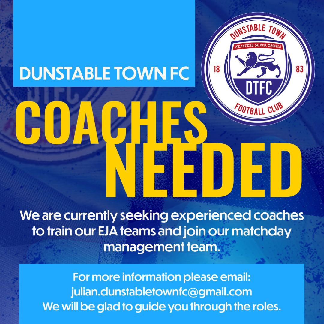 Experienced coaches needed to join a progressive club. 
U16s EJA side with players featuring in u18Midweek Floodlit League. 

Training Tuesday 8-9 and Thursday 7-8
Matches Sunday PM (generally)

Please contact details on advert for more info <a href="/BedsFA/">Bedfordshire FA</a> <a href="/EJALeague/">EasternJnrAlliance</a> <a href="/DunstableTownFC/">Dunstable</a>