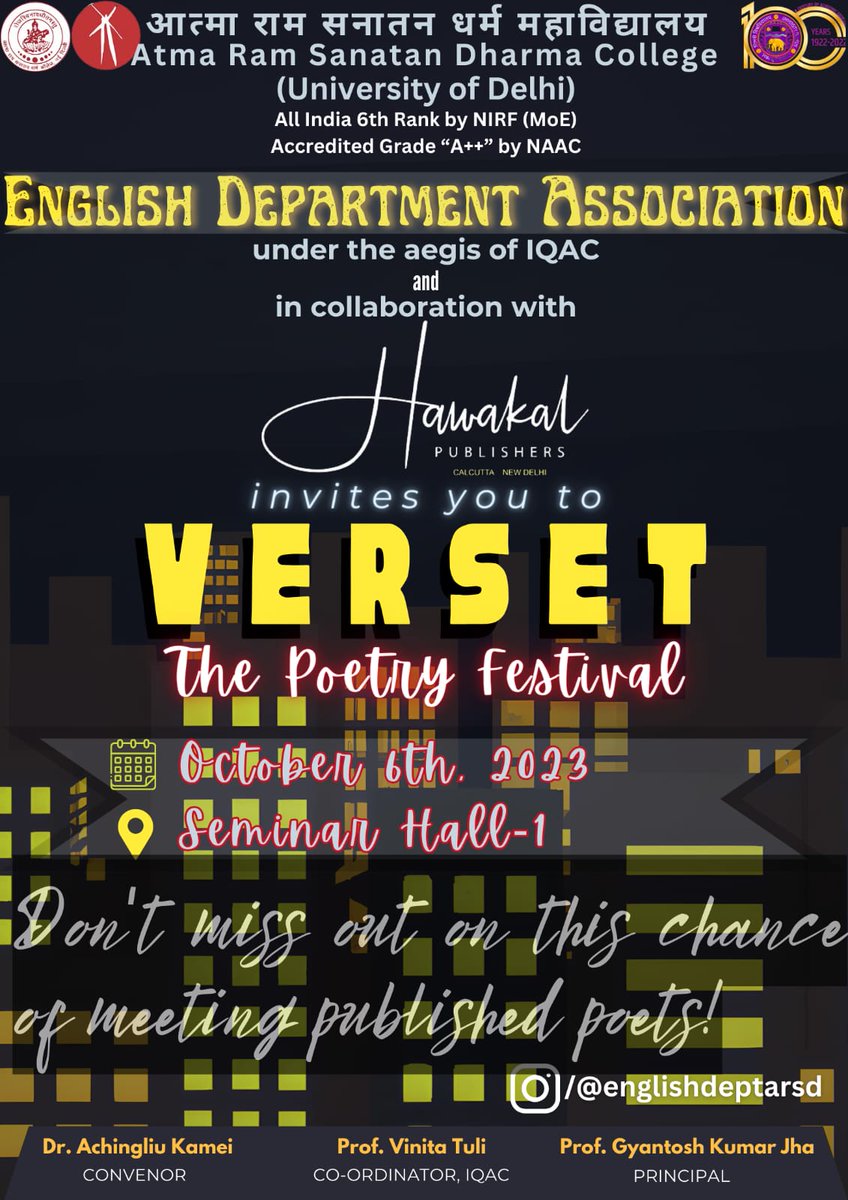 Join us for a poetry reading session at the VERSET, a poetry fest organised by the English Association, English Department, ARSD College in collaboration with Hawakal publishers Private Limited on 6th October at 11 AM onwards at Seminar Hall 1.