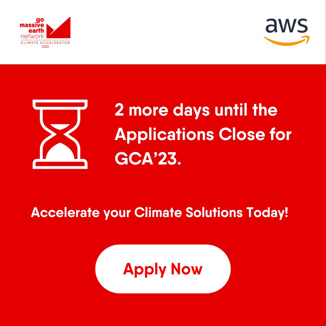 🚨 Only 2 days left! The countdown to  GCA'23 application deadline is on! If you're a climate tech startup,  don't miss your chance to accelerate your journey. Apply now! 🌍🚀

Apply Here- lnkd.in/dJWUiAku

#GCA23 #ClimateInnovation #startups #amazon #aws #tech