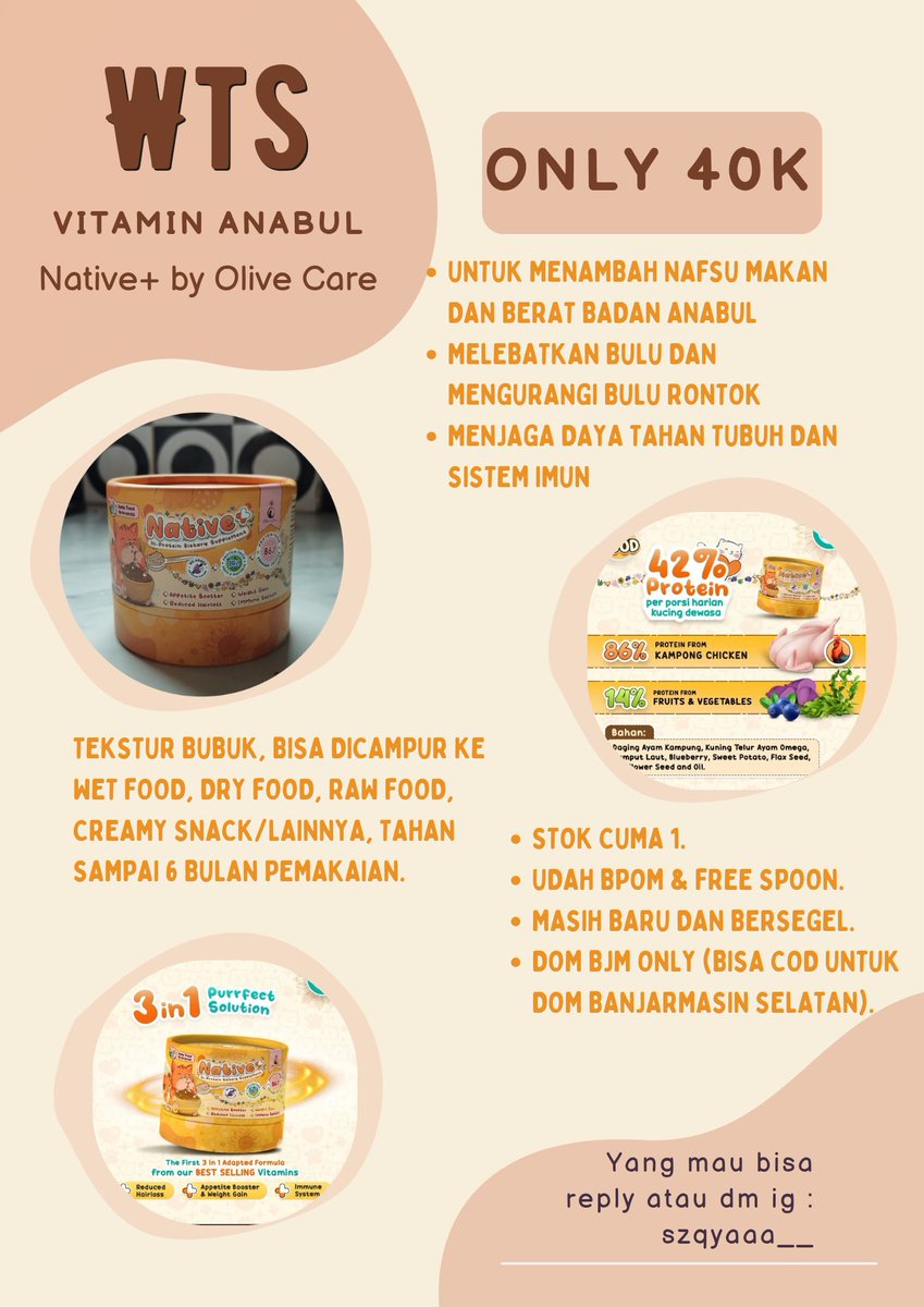 qymbimbaps's tweet photo. WTS PRELOVED! Vitamin Native+ dari Olive Care, bisa untuk kitten dan kucing dewasa.
Sudah bpom + free spoon.
Harga awal beli 50k tapi aku jual lagi dengan harga 40k aja.
Stok cuma 1.
Barang masih baru.
Dom Banjarmasin only! (Bisa cod untuk dom banjar selatan)

#wts #zonauangᅠ https://t.co/TXejiKErz8