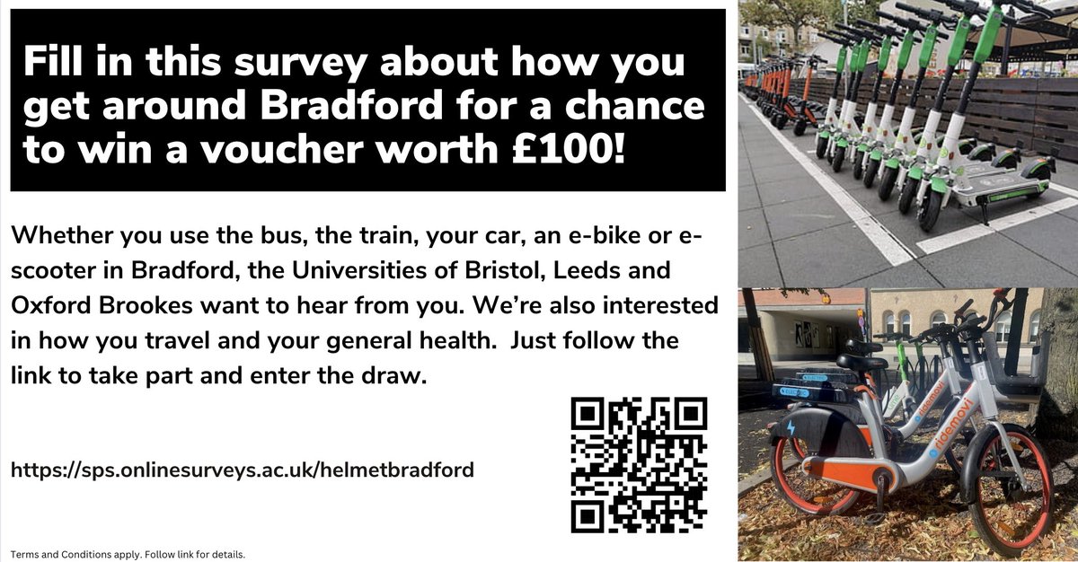Morning #Bradford! 
The Bradford 🚲🚌🚗🛴travel survey, 
and the chance to win a 💷£100 voucher, 
finishes this ⏰Saturday 30 Sept.

Start your survey now at sps.onlinesurveys.ac.uk/helmetbradford

Please RT

More details ⬇️

#activetravel #Health #wellbeing