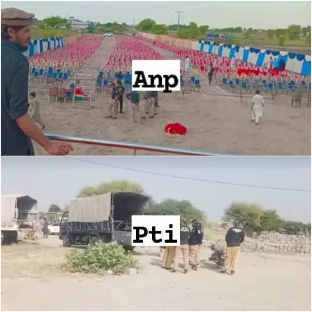 waqas_amjaad's tweet photo. آج کرک میں دو اجتماع ہونے کا اعلان تھا ایک ANP جہاں تیاریاں سرکاری عملے کی موجودگی میں مکمل کر لی گئی۔

جبکہ دوسری طرف PTI کا کنونشن جہاں پولیس نے ایک بھی کرسی نہیں لگنے دی https://t.co/6tYs65Gb6Y