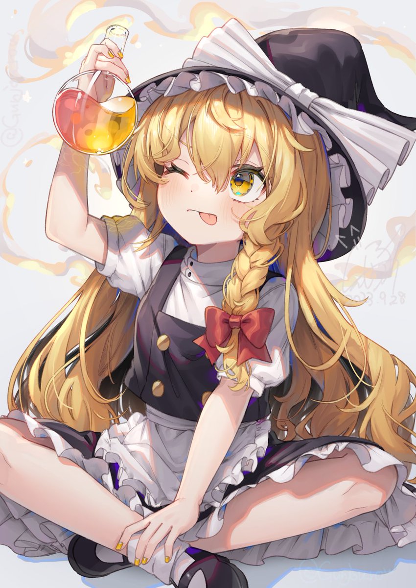 kirisame marisa 1girl tongue blonde hair one eye closed solo hat witch hat  illustration images