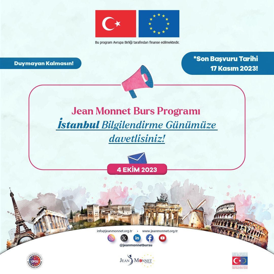 Tarih yaklaşıyor, mutluluğumuz katlanarak artıyor İstanbul’da gerçekleşecek Jean Monnet Burs Programı Bilgilendirme Toplantımıza katılmak için linkten kayıt olabilirsiniz! (kontenjan sınırlıdır) @jeanmonnetbursu 🔗 jeanmonnet.org.tr/kayit/