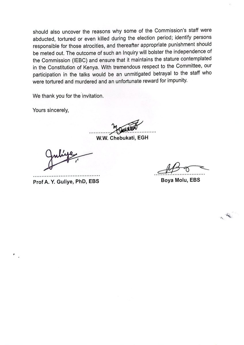 Prof @abdiguliye @moluboya & I won’t be appearing before the National Dialogue Committee to discuss issues that have been resolved. To participate would be to betray IEBC staff who were tortured & murdered & a reward for impunity. Instead a Commission of Inquiry should be formed.