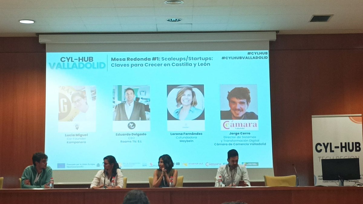 Continuamos con la 1ª #mesaredonda titulada ‘Scaleups/Startups: Claves para Crecer en Castilla y León’. Cuenta con la participación de Lucía Miguel (Kampanera), Lorena Fernández (@Maybein_es) y Eduardo Delgado (Roams). Modera Jorge Cerro (<a href="/cam_valladolid/">Cámara de Valladolid</a>)