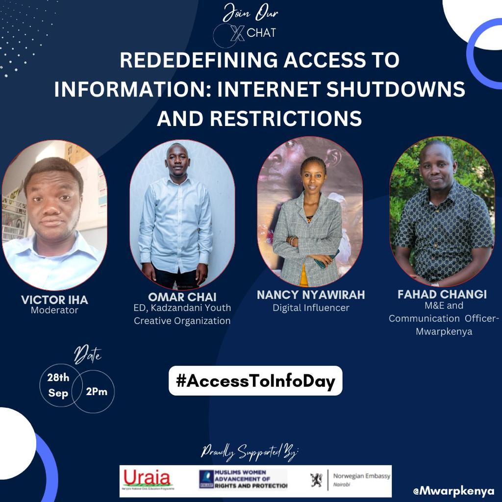 Mwarpkenya's tweet photo. Join the conversation on X Chat today afternoon, 28th September 2023, at 2.00 pm!
Expect to Learn how #internet restrictions affect your #right to #accessinformation and how you can overcome these challenges.
#AccessToInfoDay | #InternetFreedom https://t.co/jEbtbwVjZJ