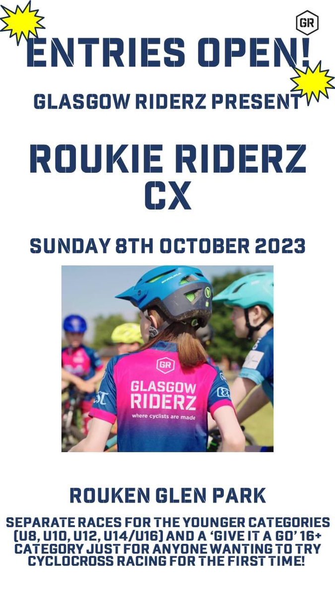 GlasgowRiderz's tweet photo. 🆘Desperately seeking Riderz!🆘 

Sign up now for Roukie Riderz CX on Sunday 8th October. 

A fun grass-roots cyclocross race for even the most shiny new racers. By the end you’ll likely be plastered in mud and smiles! 

https://t.co/TvolhBvIU0 https://t.co/Md3I15MpNb