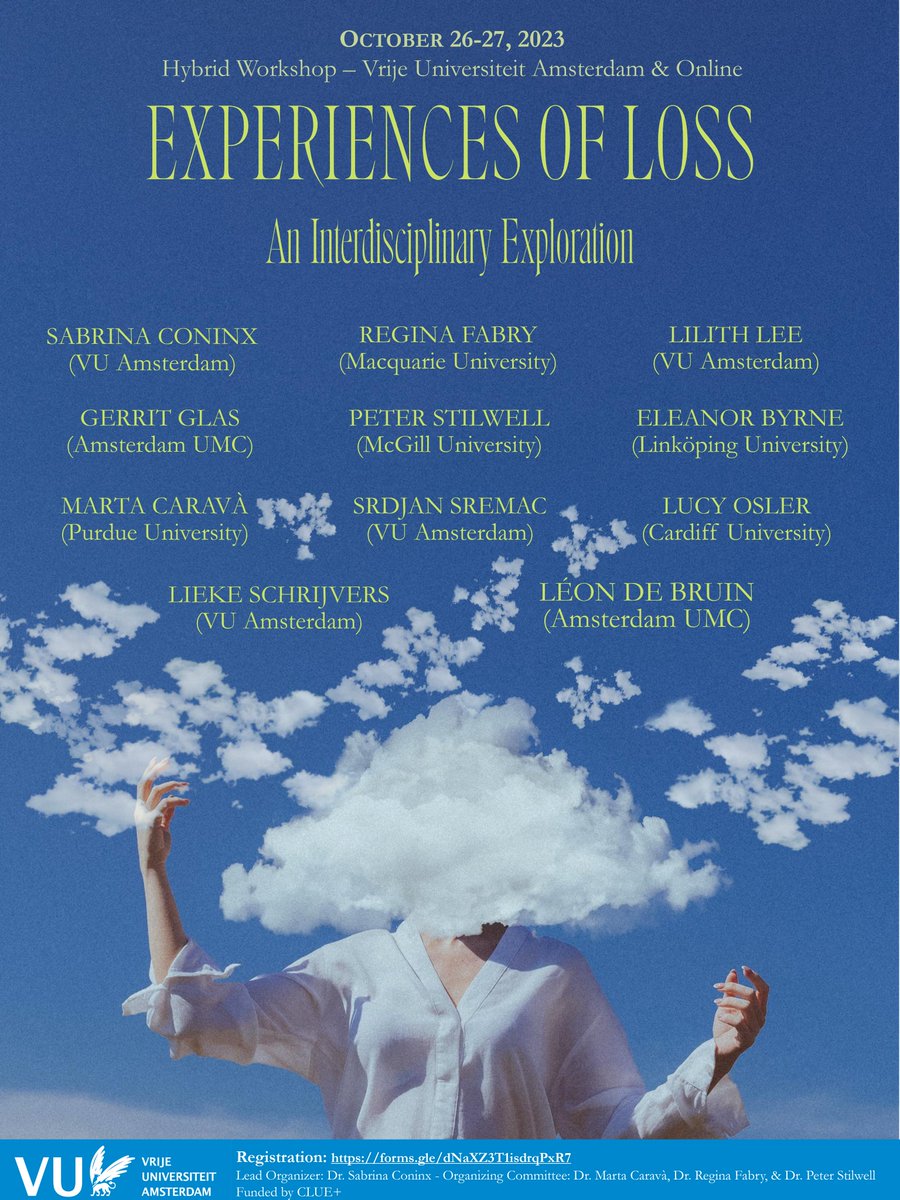 26th &amp; 27th of October, we organize a hybrid workshop (VU Amsterdam &amp; online) on 'Experiences of Loss' with @ReginaFabry <a href="/LucyOsler/">Lucy Osler</a> <a href="/ellieabyrne/">Eleanor A Byrne</a> @martacarava @Peter_Stilwell - just to name a few. Registration is free and possible here: forms.gle/dNaXZ3T1isdrqP…