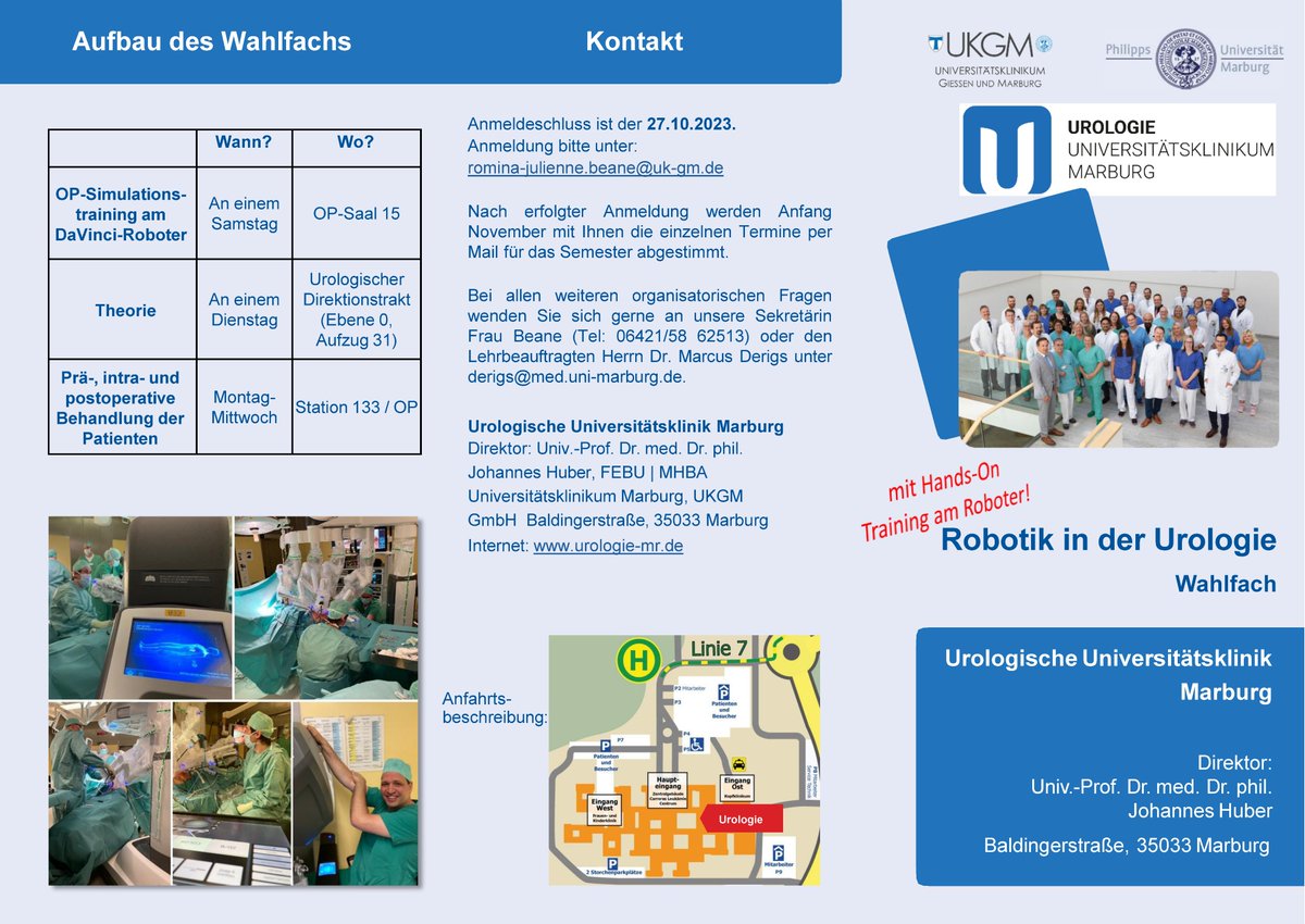 UkgmMarburg's tweet photo. Neues Wahlfach für #Studierende 👨‍🎓👩‍🎓der #Humanmedizin in #Marburg im WS23/24 "Robotik in der #Urologie", inkl. Hands-On Training am #DaVinci-Roboter!!! Anmeldung gerne bis 27.10.23 per Mail📨an romina-julienne.beane@uk-gm.de. Infos 👉 https://t.co/yACUcqQvTv https://t.co/LIzoJXk5eb
