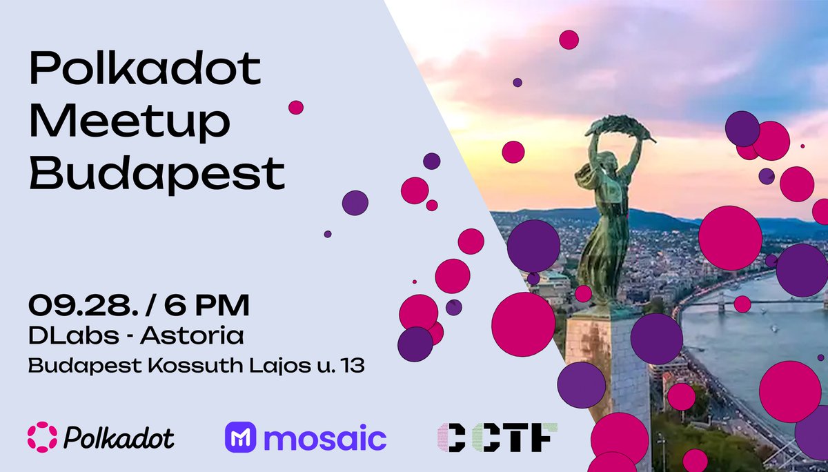 PolkadotHungary's tweet photo. ๐ Join us today for the @Polkadot Meetup in #Budapest! ๐ญ๐บ
Let's chat about all things Polkadot and its groundbreaking tech: #opengov #parachains #stakingdot
Don't miss out! RSVP here: https://t.co/zxHsnbNFTj https://t.co/ip4y73qOOM