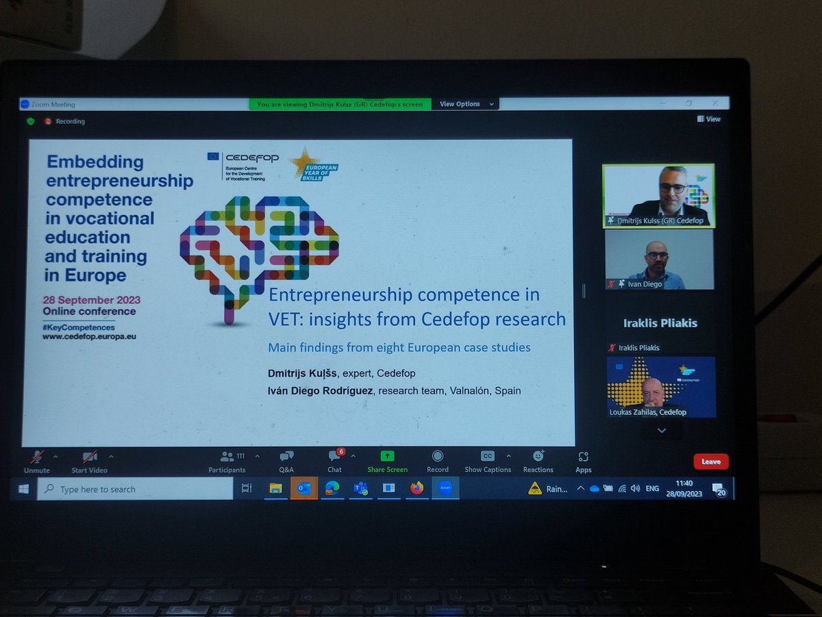 Attending the <a href="/Cedefop/">EU_Cedefop</a> online conference 'Embedding #entrepreneurship competence in #VET'. Impressed by the rich research outcomes of the #KeyCompetences project, and feedback for what is actually happening at schools!
<a href="/zalouk/">Loukas Zahilas</a> <a href="/DKulss/">Dmitrijs Kuļšs</a> <a href="/ligabaltina/">Līga Baltiņa</a>  #EuropeanYearOfSkills