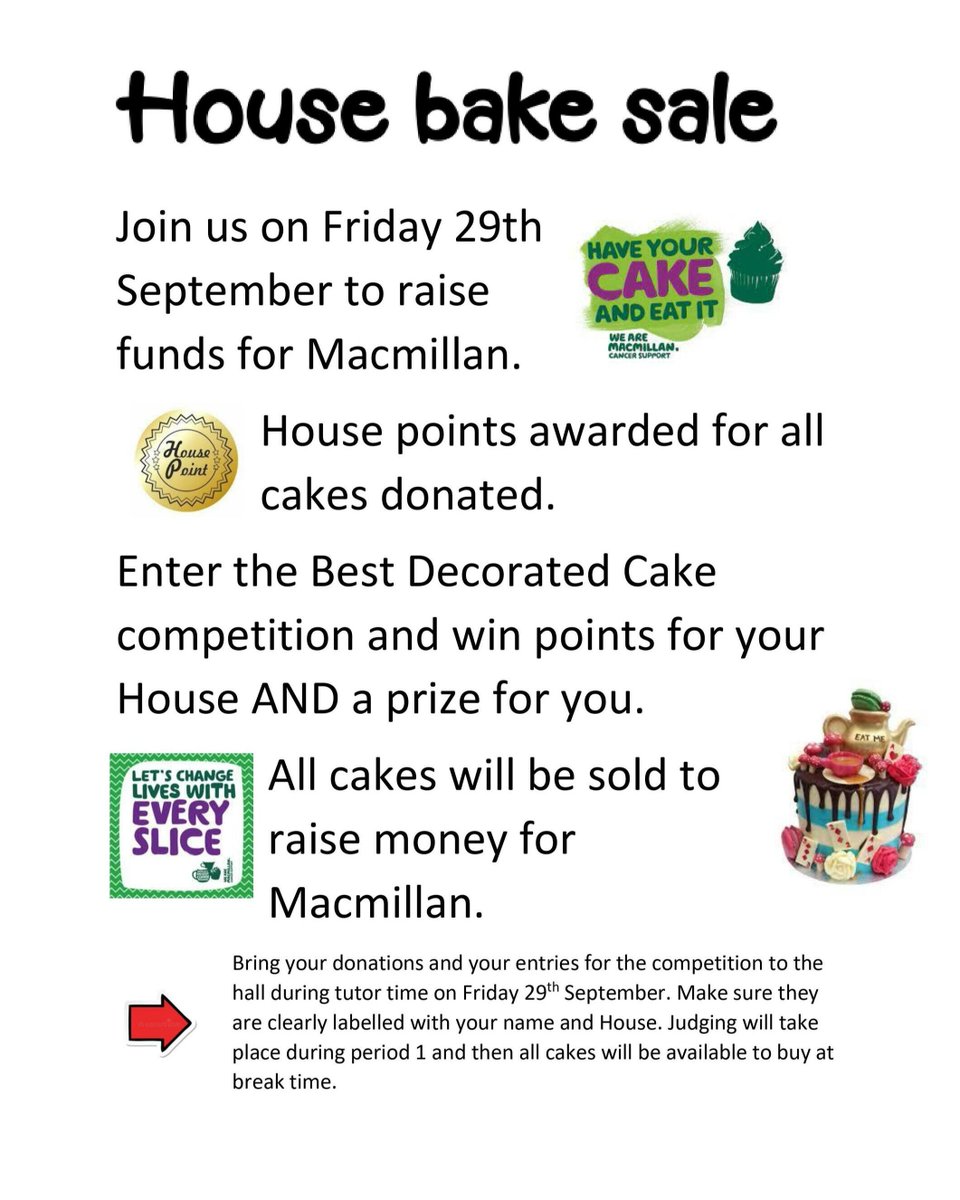 TheQueensSchool's tweet photo. Don't forget our House bake sale is happening tomorrow to raise money for @macmillancancer! Whether you're a master baker or a novice, we can't wait to see your creations.  Best decorated cake will win House points &amp; a special prize! All bakes must be nut free. #BakingForACause https://t.co/FOBbqcjJdh