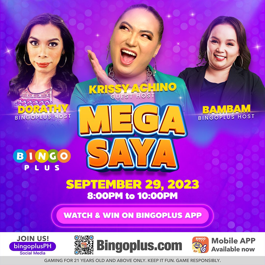 Bingoplusph's tweet photo. LET’S GO NA TO MEGASAYA 🤞🏼

Krissy Achino ang bahala mamigay ng swerte sa favorite day of the week mo! Wag kakalimutang tumutuok at sumubok sa MegaSaya tuwing WED-FRIDAY 8:00 PM – 10:00 PM! 💜

#MegaSaya #BingoPlus #BingoPlusApp #BingoPlusPH https://t.co/6g8TMWgpjY