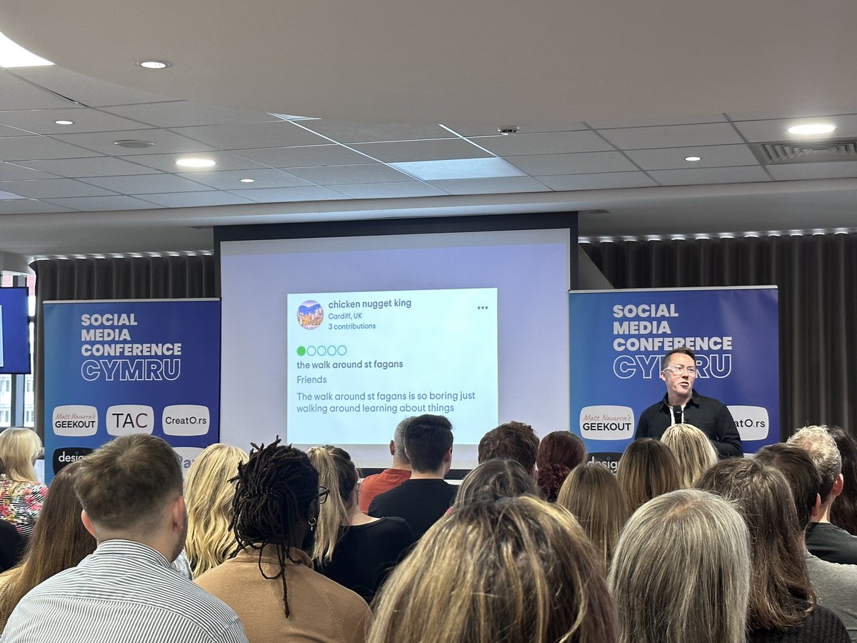 designtribe's tweet image. Wow! Owen Williams off to a flying start with his 152 slide keynote extravaganza at Social Media Conference Cymru this morning. I’ll be leaving a one star review @simlsocial . “Too many slides.” 😉