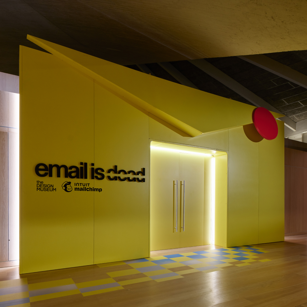 Mailchimp's tweet photo. Opening today, Email is D̶e̶a̶d̶ is an ambitious exhibition at the @DesignMuseum in London. It runs from 28 Sept. — 22 Oct. Plan your visit: https://t.co/TjtdPjzhiC #EmailisDead