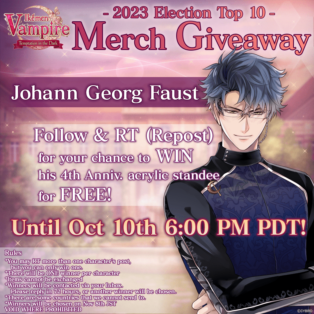 ikevamp_en's tweet photo. IkeVamp 2023 Election Top 10 Merch Giveaway!🎁

Round 3: Faust!🧪

To Enter:
Follow us
Rt/Repost this post!

#ikevamp #ikemenvampire #otome
Download Now  https://t.co/zegXHTjKZ8 https://t.co/DphhI6GpUH