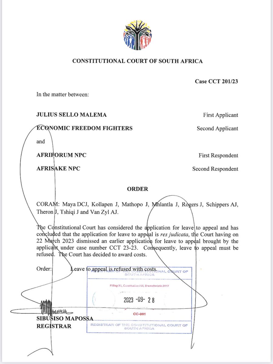 AfriForum again defeats <a href="/Julius_S_Malema/">Julius Sello Malema</a> and the <a href="/EFFSouthAfrica/">Economic Freedom Fighters</a> in court with costs. The Contitutional Court dismissed the EFF's application for leave to appeal an interdict ordering it not to incite land occupations. This is the 6th court victory with costs for <a href="/afriforum/">AfriForum</a> in