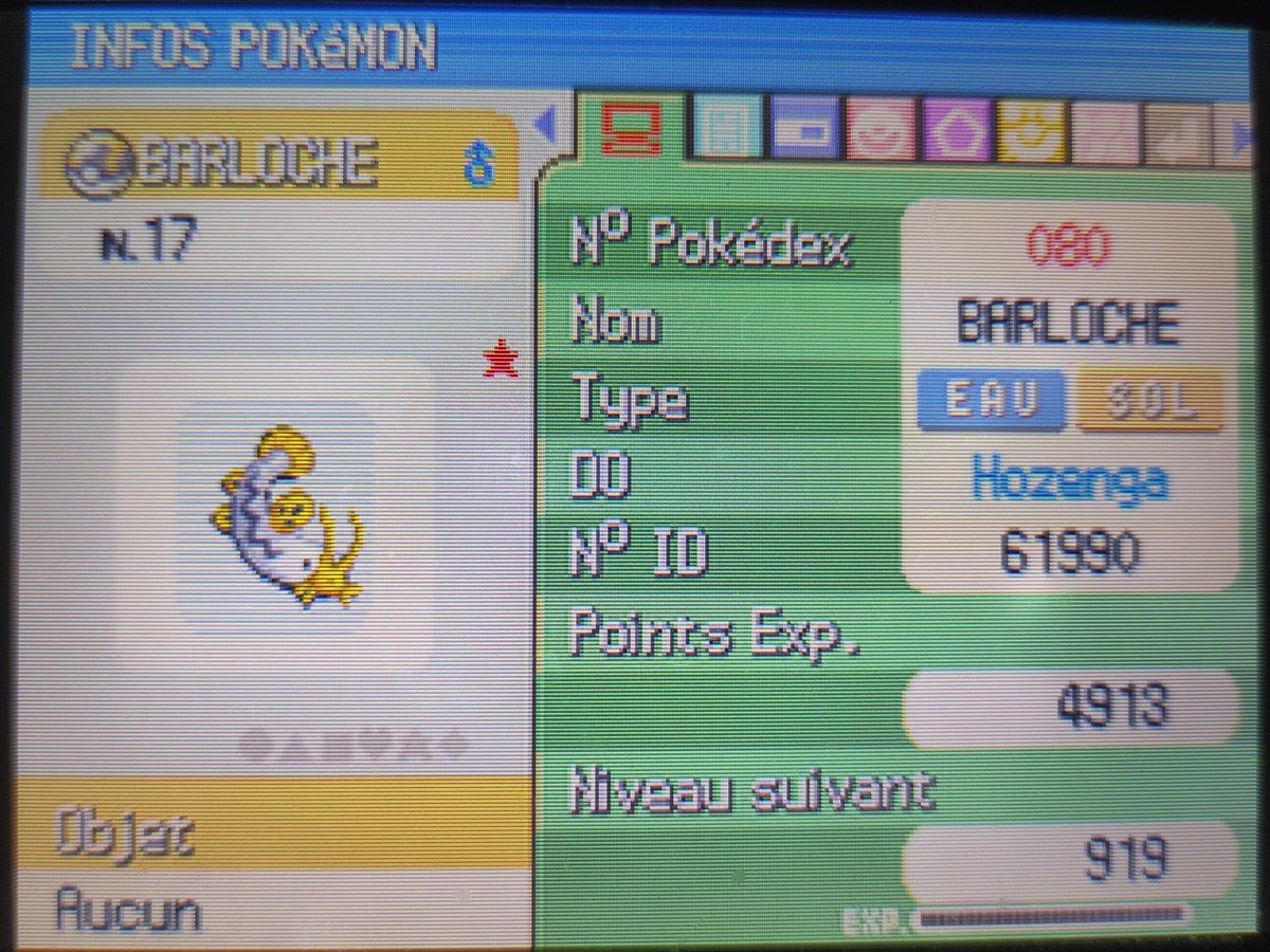 Barloche shiny trouvé en 3000 tout pile ! Très bel indésirable sur ma shasse de Barpau qui n'évoluera pas.