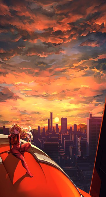 アスカと2号機と夕日 