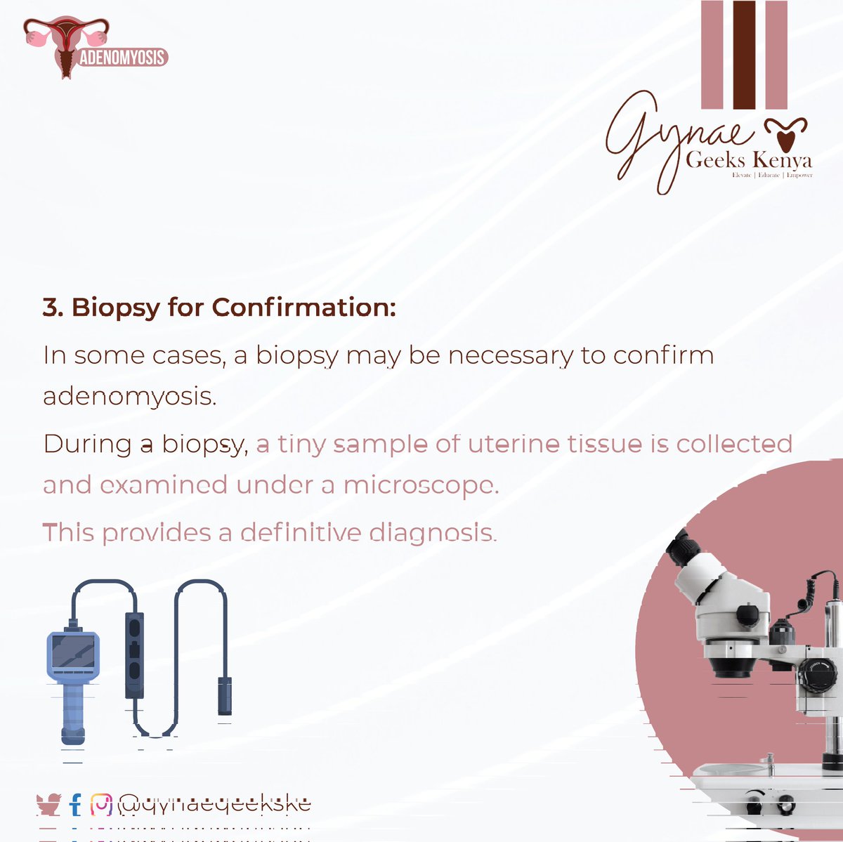 GynaegeeksKenya's tweet photo. Do you know how adenomyosis is diagnosed? To find out if you have adenomyosis, your doctor may perform a physical exam, an ultrasound, an MRI, or a hysteroscopy. Learn more about this condition and how it can be treated on our page @GynaegeeksKenya. https://t.co/GI7wpLCK3c