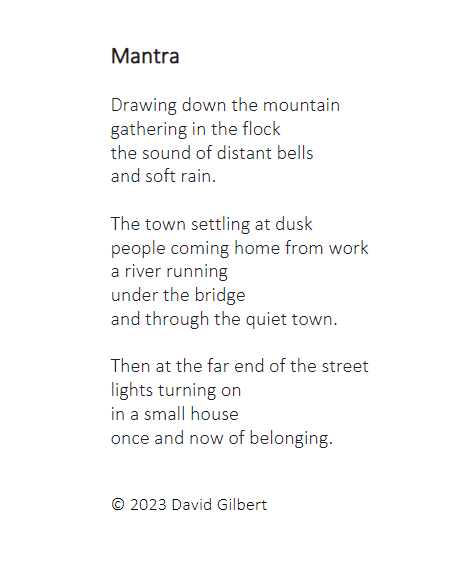 Bethlem_Gallery's tweet photo. On #NationalPoetryDay, we're sharing a poem from our writer-in-residence David Gilbert. It perfectly chimes with this year's #NPD theme of #refuge.
#mantra #poetry #davidgilbert #poem
@DavidGilbert43 @MaudsleyNHS @maudsleycharity @PoetryDayUK https://t.co/sx8hnTWLSp