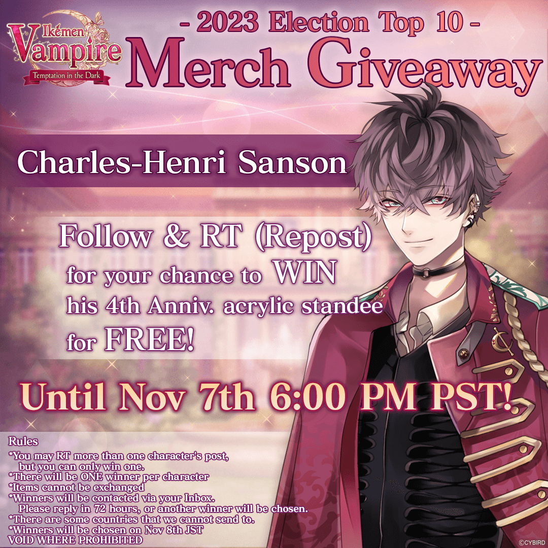ikevamp_en's tweet photo. IkeVamp 2023 Election Top 10 Merch Giveaway!🎁

Round 10 (Last round): Charles!💋

To Enter:
Follow us
Rt/Repost this post!

#ikevamp #ikemenvampire #otome
Download Now  https://t.co/zegXHTjd9A https://t.co/dinXeuV6n1